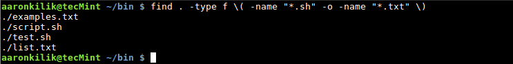 Tìm file với phần mở rộng .sh và .txt trên Linux