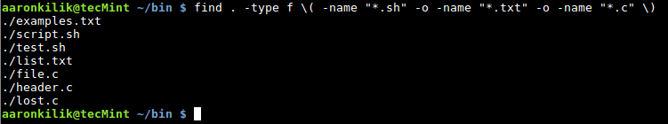 Tìm nhiều phần mở rộng file trên Linux