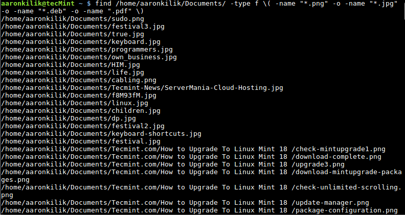 Tìm nhiều phần mở rộng file trên Linux